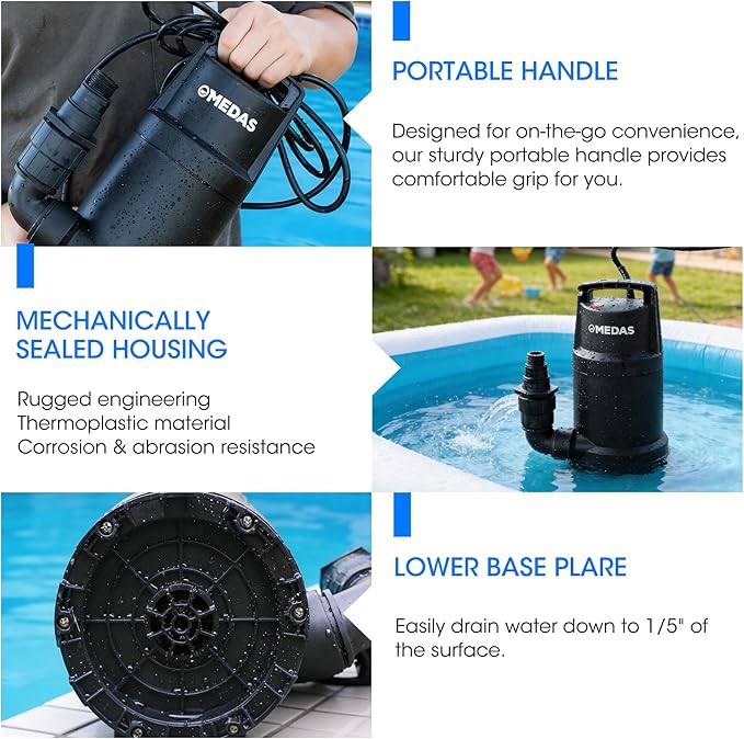 MEDAS Portable Sump Pump for Swimming Pool, Garden Pond, Basement Water Removal with 10ft Power Cord 1/2HP