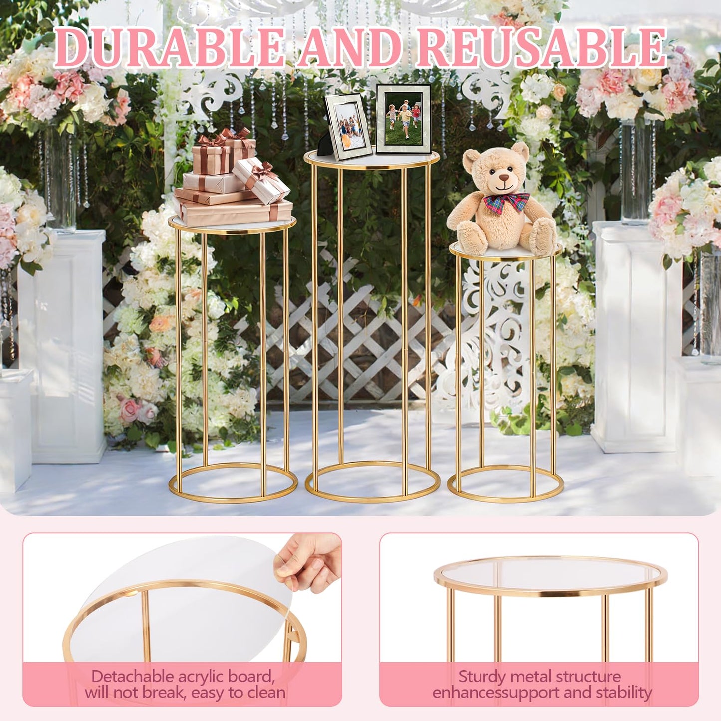 Cylinder Stands for Party, 3Pcs Gold Cylinder Pedestal Stand, Cilindros Para Fiestas Cake Table Stand Parties Metal Round Cylinder Display Plant Stand Tables for Weddings Birthday Party Decorations
