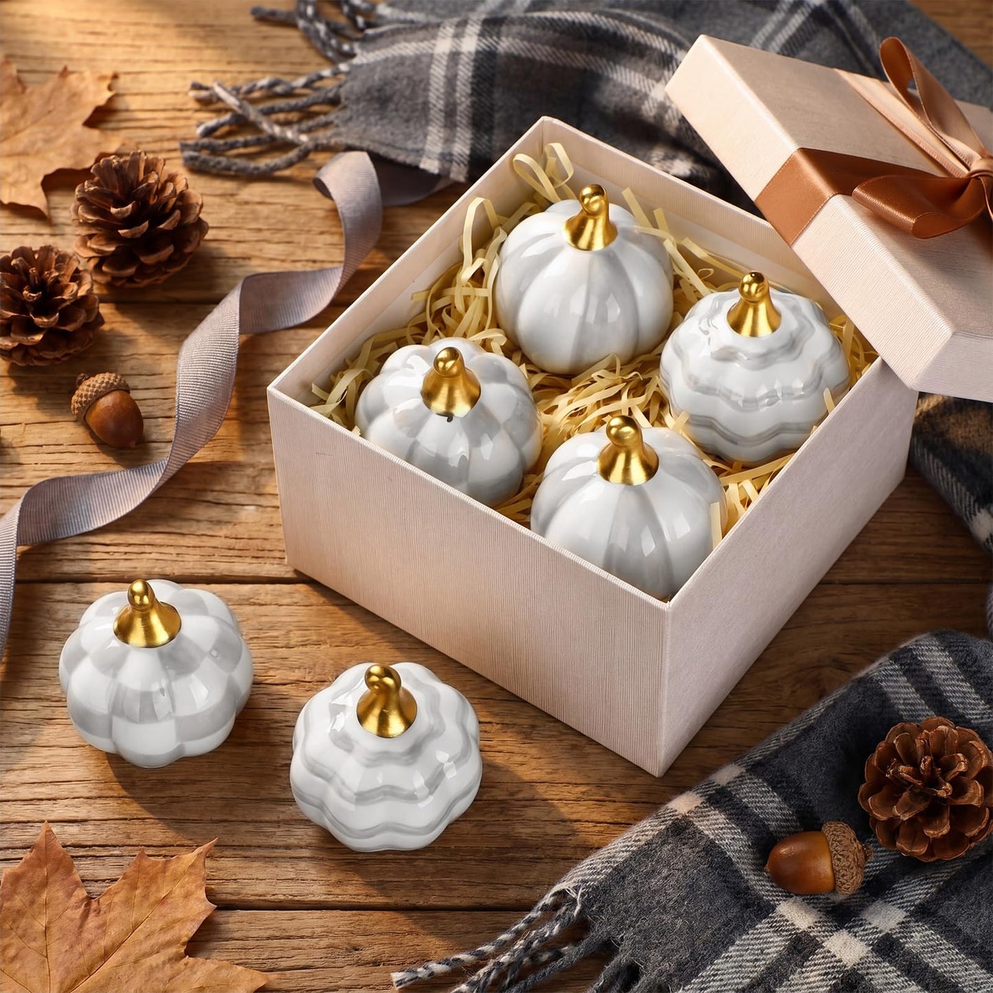 DoubleFill 6 Pcs Gray and White Check Ceramic Pumpkins Fall Farmhouse Table Centerpiece Porcelain Pumpkin Tiered Tray and Mantel Ornaments for Indoor Thanksgiving Autumn Decor