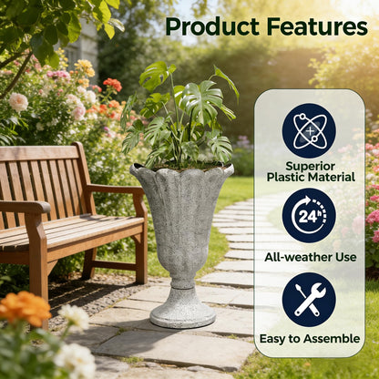Trygoal 23.6" Tall Plastic Urn Planters for Outdoor Plants with Drainage Holes & Petal Design, Set of 2 Heavy-Duty Classic Indoor Large Flower Pots, Outdoor Planters for Porch/Home/Garden, Gray