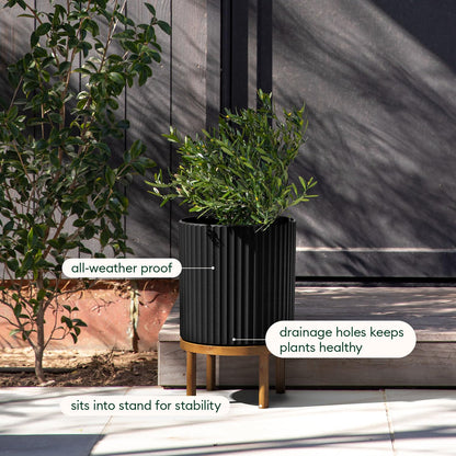 Veradek Demi Series Round Planter w/Stand for Porch/Patio | Durable Plastic-Stone Composite & Wooden Stand | Modern Décor for Tall Plants, Flowers