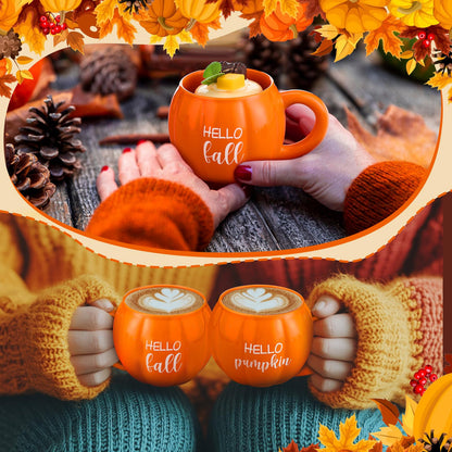GlikCeil 2 Pcs Fall Pumpkin Mugs, Hello Fall Hello Pumpkin Coffee Cups for Tiered Tray 17 oz Thanksgiving Table Centerpieces Ceramic Mugs Drinking Cup for Autumn Harvest Wedding Birthday Gift