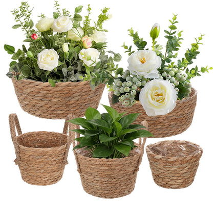 MegoSage 5 Pcs Premium Planter Basket with Plastic Liner Flower Baskets Containers with Handles for Indoor Outdoor Hand Woven Plant Basket for Garden Home Decor Flower Pots Decoration