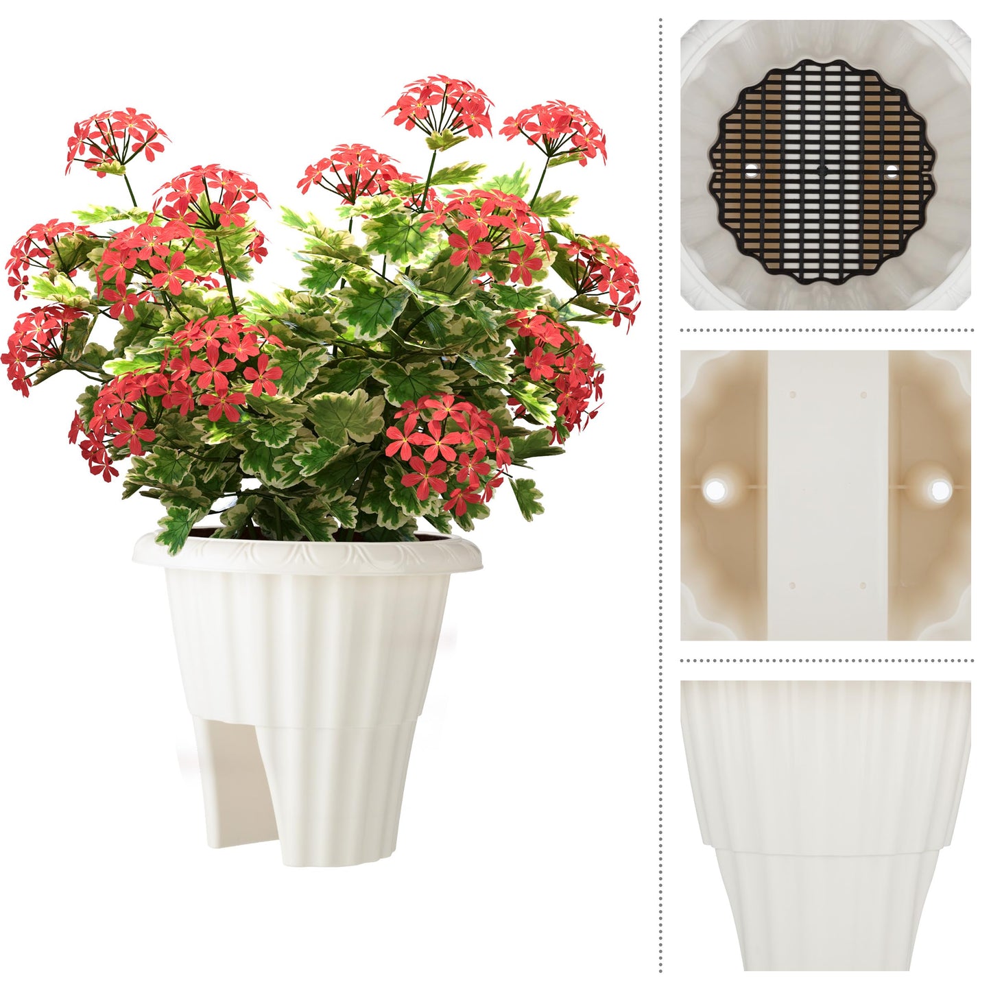Railing Planter Box 2-Pack - 13.5-Inch Round Outdoor Flower Pots with Drainage Inserts - 2.64-Gallon Outdoor Planters for Porch, Deck, Fence, or Balcony Railings 3” - 3.75” Wide by Pure Garden (White)