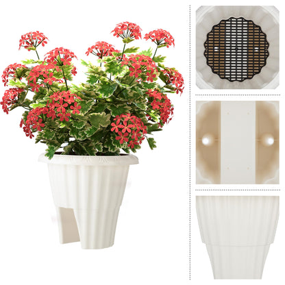 Railing Planter Box 2-Pack - 13.5-Inch Round Outdoor Flower Pots with Drainage Inserts - 2.64-Gallon Outdoor Planters for Porch, Deck, Fence, or Balcony Railings 3” - 3.75” Wide by Pure Garden (White)