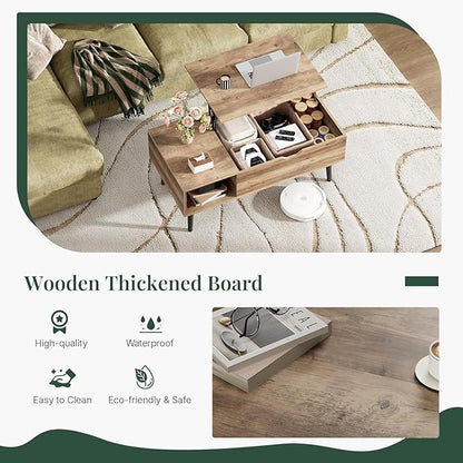 Wood Lift Top Coffee Table with Hidden Storage Compartment & Open Shelf, Multi-Functional Wooden Tabletop Dining Table for Living Room, Home Small Space