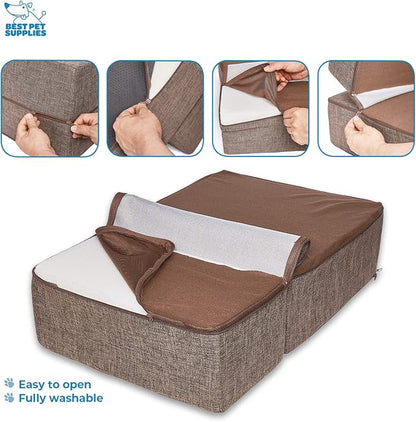 Best Pet Supplies Non-Slip Foam Dog Stair & Pet Ramp, Balanced Indoor Step Support - Foldable Stair, Brown Linen, 2-Step