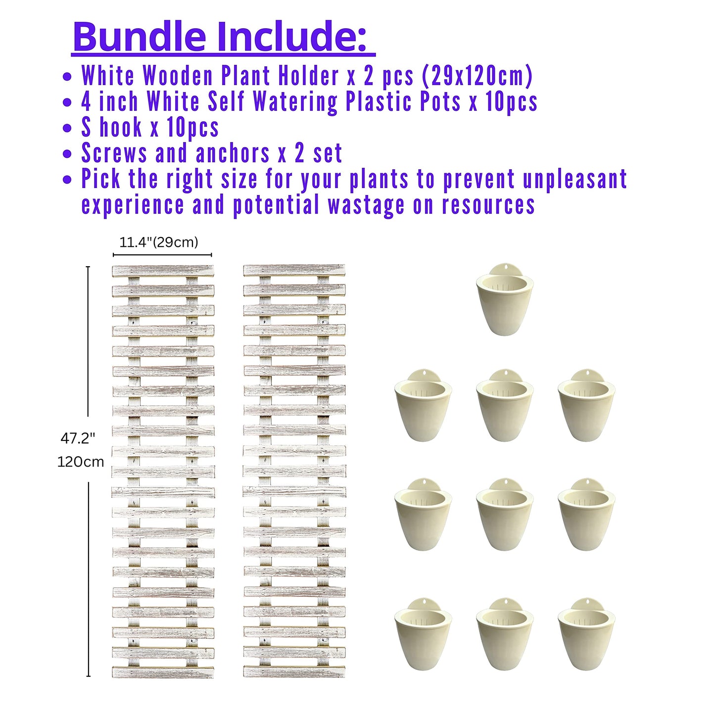 ShopLaLa Bundle - 4" White Self Watering Plastic Pots x 10 Pack + White Wooden Hanging Planter, Rustic Vertical Herb Garden Plant Holder Wall Mounted Modern Hydroponic Herb Pot LaLaGreen