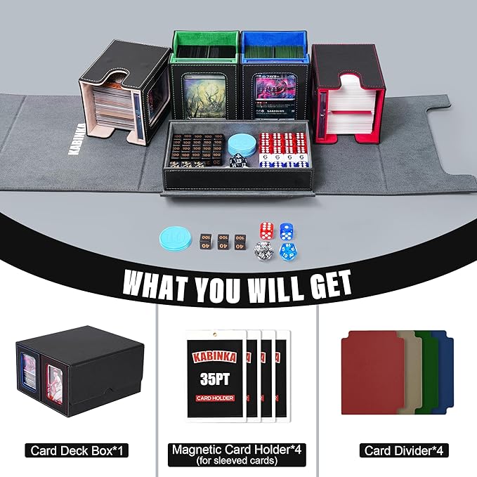 Kabinka Card Deck Box for MTG Commander, Holds 400+ Double-Sleeved Cards, 5 IN 1 Detachable Card Case with Dice Tray, Fits Magic/TCG Cards, 4 Magnetic Card Holders & Dividers (Colorful)