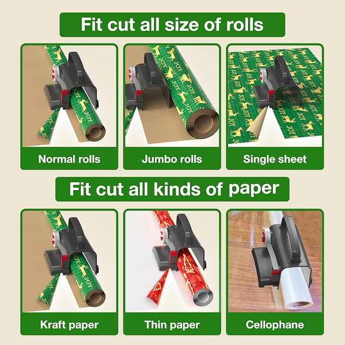 Wraprocut (2-Pack) Wheel Wrapping Paper Cutter & Tape Dispenser with 4 Tapes，2 Replace Blades Kit for Christmas Gift Wrap Cutter Tool Paper Roll Holder Tube Sliding Slicing for Birthday Holiday.