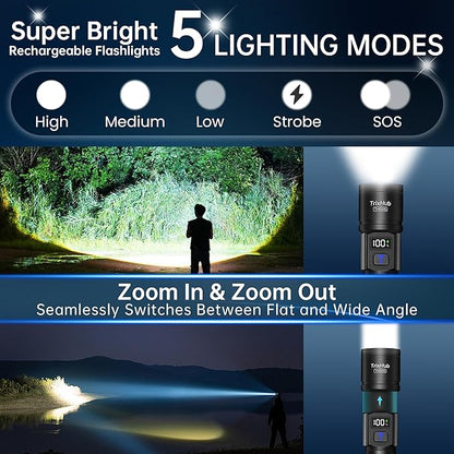 TrixHub Rechargeable Flashlights 3 Pack, Super Bright High Lumens Flash Light, 5 Modes Zoomable Linternas with LCD Digital Display, Powerful Handheld LED Flashlights for Home Emergencies Camping