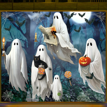 AhfuLife 4 Sheets Large Halloween Ghost Window Stickers Decorations, 16.9" x 35.4", Big Spooky Ghost Window Clings Double Side Reusable Decals for Halloween Home Bar Shop Street Party Decorations