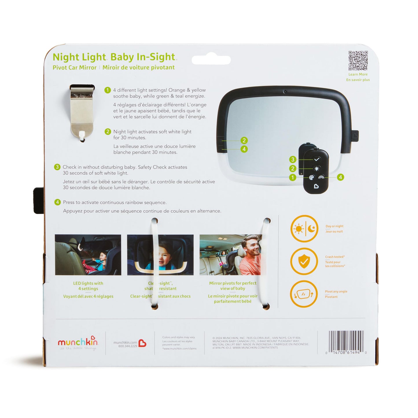 Munchkin Baby Car Mirror for Rear Facing Car Seats, Night Light LED Pivot 360 Baby in-Sight Adjustable Auto Mirror, Black