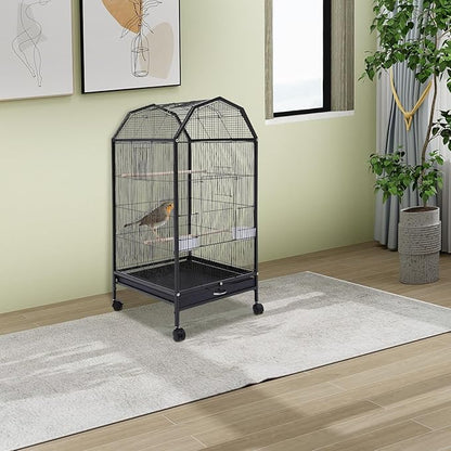 40-Inch Wrought Iron Bird Cage with Open-Top and Rolling Stand, Movable Parrot Cage Pet Bird Flight Cage, 360 Degree View Spacious Interactive Roof Pet Bird House for Medium&Small Birds