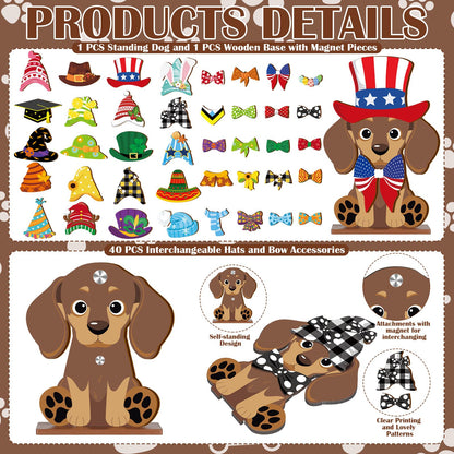 Anglechic 42 Pcs Small Interchangeable Dog Sign Holiday Summer Decor Seasonal Table Centerpiece Farmhouse Rustic Magnetic Desk Accessories Wooden Home Office Room Welcome Tiered Tray Decoration Gifts