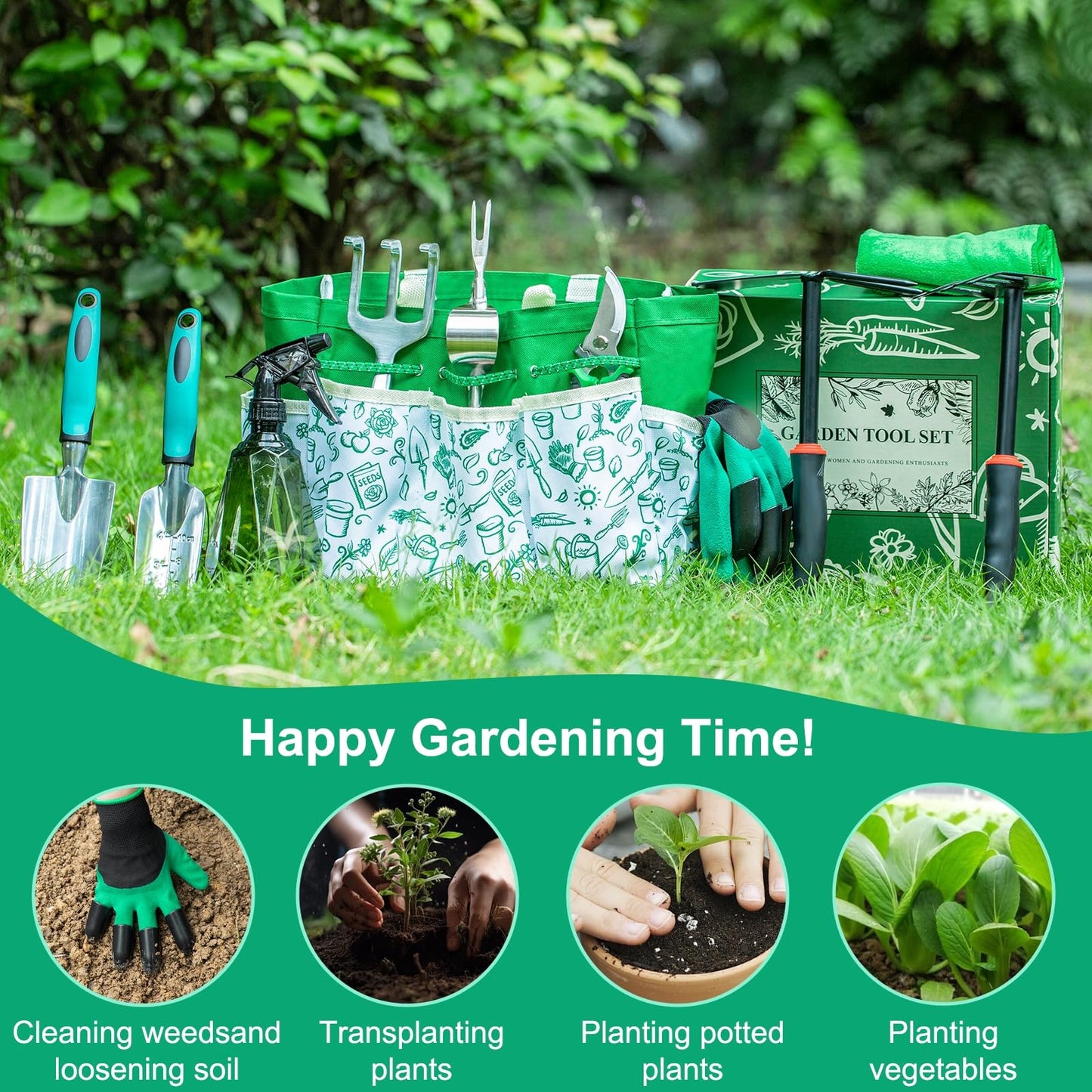 Alitifiy Garden Tool Set, 12-Piece Complete Stainless Steel Gardening Essentials, Heavy Duty Garden Tools with Large Storage Tote, Gardening Gifts for Women, Men, Mom & Dad Beginners Gardeners, Green