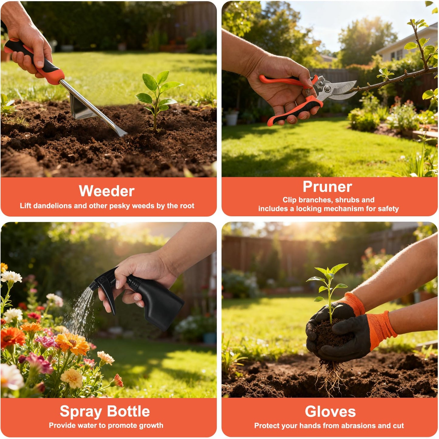 Yesker Gardening Tools 9-Piece Heavy Duty Garden Tool Set Gardening Supplies Gifts for Women Men Gardening Hand Tool Kit with Non-Slip Ergonomic Handle, Garden Bag, Durable Gloves and Shears, Orange