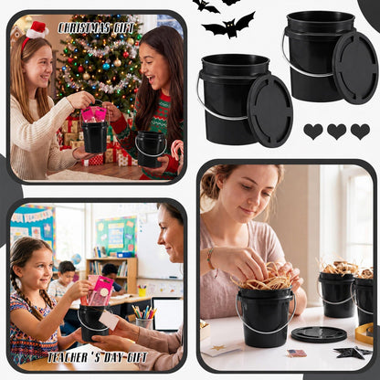 Hushee 6 Pcs Mini Plastic Buckets with Lids, 0.4 Quart Black Buckets for Party Gift Packaging, Candy Holders Easter Halloween Christmas Candy Treat Snacks Holder Birthday Baby Shower Party Supplies