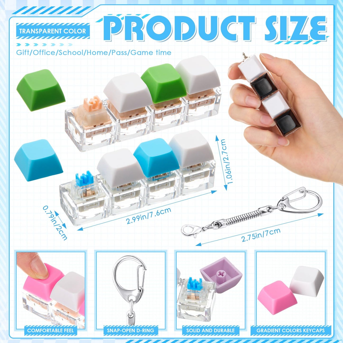 Halloscume 8 Pcs Adult Keyboard Fidget Clicker Toy 4-in-1 Silent and Clicky Keyboard Keychain Cube Mechanical Key Button Clicker Stress Relief Gift for Office School Home to Pass The Time
