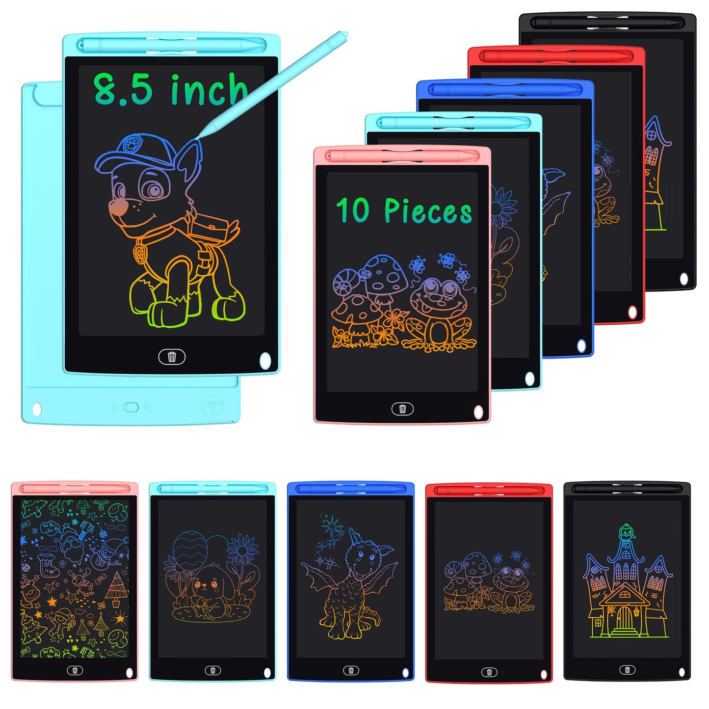 LCD Writing Tablet for Kids - 10 Pack 8.5 Inch Doodle Board Erasable Electronic Painting Drawing Pads Learning Toy Gifts for Christmas Birthday School Age 3-8 (Blue, Red, Green, Pink, Black)