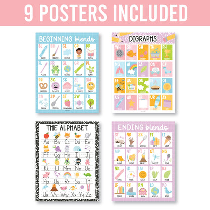 Hadley Designs Phonics Posters for Classroom Must Haves - 9 Sound Wall for Kindergarten & Elementary Teacher Supplies, Syllable, Vowels, Digraphs & Blends Bulletin Board Set, Pastel Classrom Decor