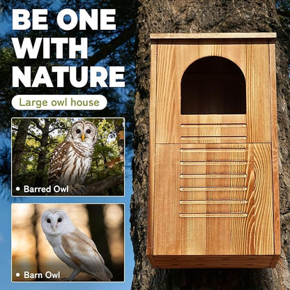 Screech Barred Owl House, 25" Extra Large Owl Bird Box Handmade Wooden Circular Opening for Outside with Mounting Screws and A Bag of Wood Shavings, Easy Assembly Required (Brown, 14"x25")
