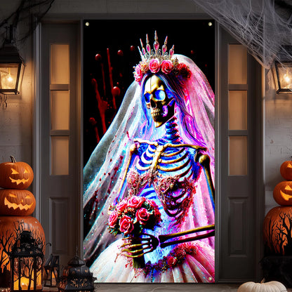 IVN Gothic Bride Skeleton Door Cover 35x71 Inch Dark Wedding Skull Crown Veil Rose Flowers Horror Blood Splatter Backdrop Halloween Front Door Decor Creepy Bridal Banner Scary Party Decoration