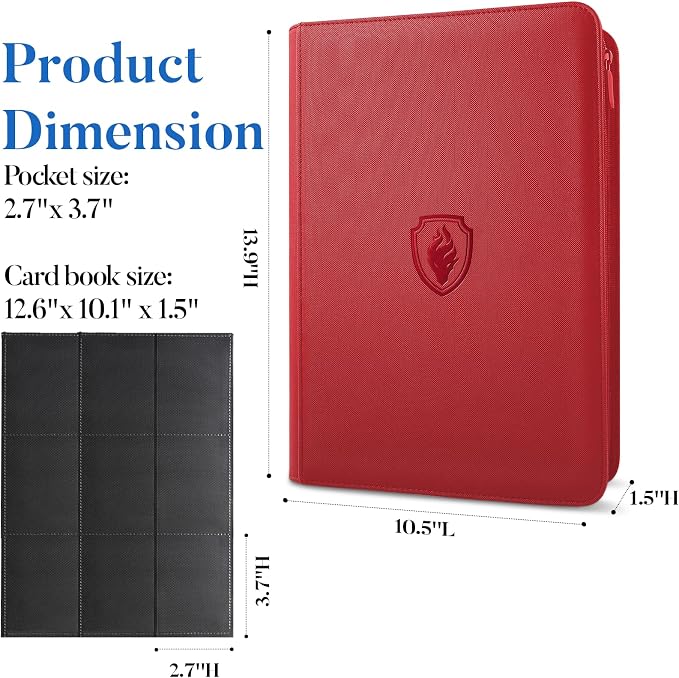 Premium Zip Card Binder, Fabmaker 9 Pocket Trading Card Binder, PU Cover Zipper Card Collection Album, Sturdy 360 Side-Loading Card Folder Holder for Game & Sports Cards, Red