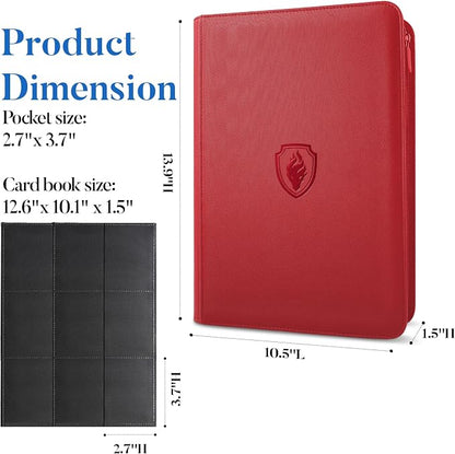 Premium Zip Card Binder, Fabmaker 9 Pocket Trading Card Binder, PU Cover Zipper Card Collection Album, Sturdy 360 Side-Loading Card Folder Holder for Game & Sports Cards, Red