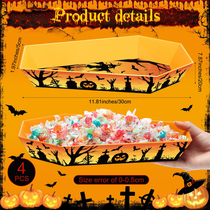 Wiwiqing 4 Pcs Halloween Candy Bowls Plastic Coffin Shaped Serving Tray Spooky Halloween Trick or Treat Candy Platter Dish for Birthday Party Food Storage Charcuterie Board Serving Supplies