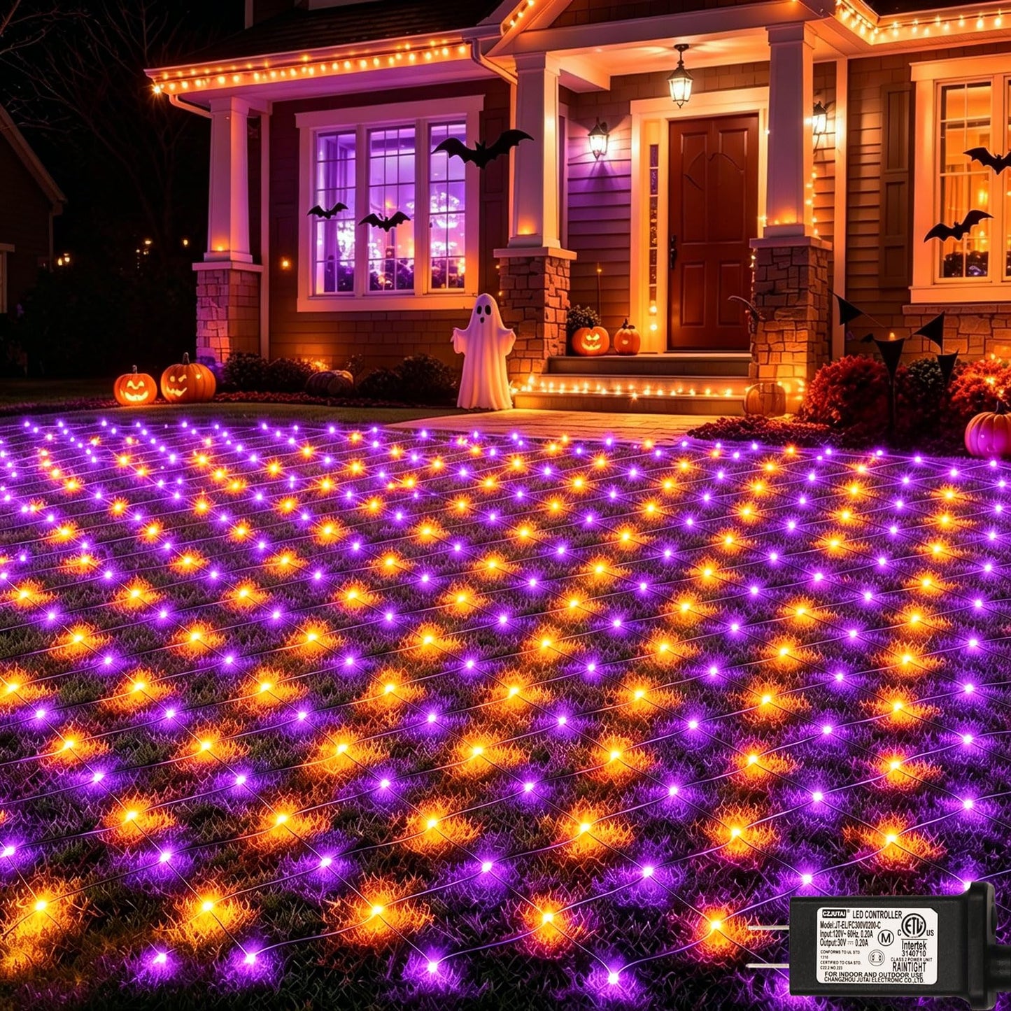 Lovelite 510LED Halloween Net Lights, 28ft x 5ft Outdoor Mesh Lights Purple Orange Clear Wire, 8 Modes & Timer, Waterproof Connectable String Lights for Bushes Xmas Tree Garden Holiday Party