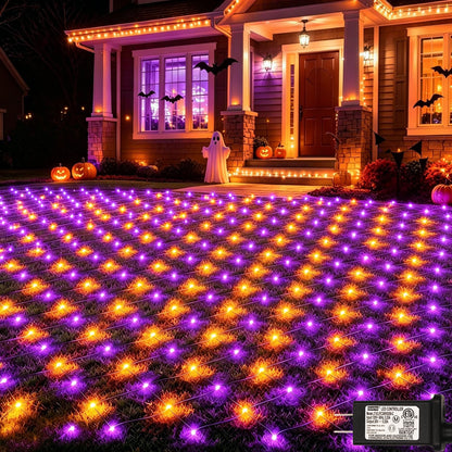 Lovelite 510LED Halloween Net Lights, 28ft x 5ft Outdoor Mesh Lights Purple Orange Clear Wire, 8 Modes & Timer, Waterproof Connectable String Lights for Bushes Xmas Tree Garden Holiday Party