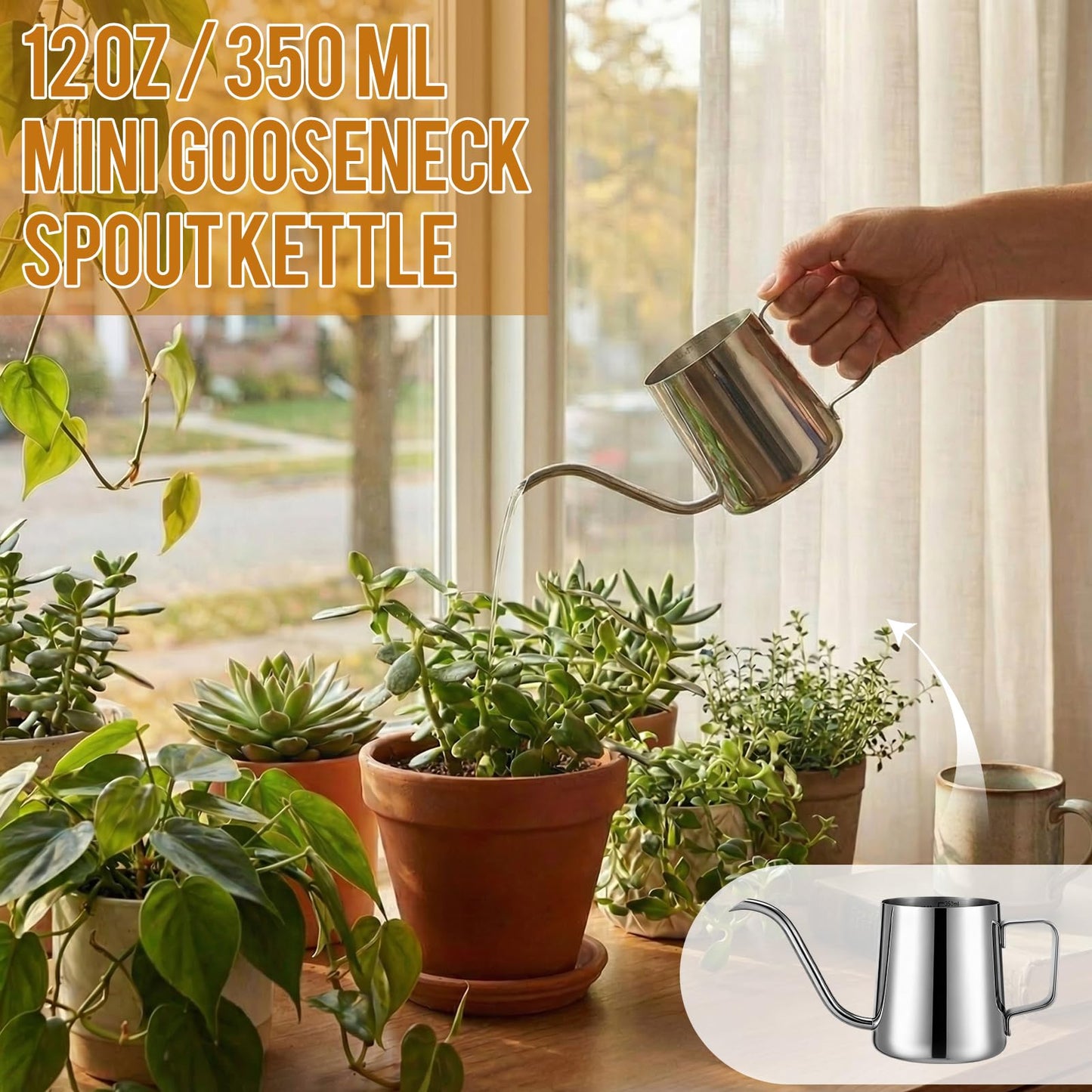 Teecyhooo 2 Pcs Small Watering Can for Indoor Plants, 12 Oz/350 ml Mini Plant Watering Pot with Long Spout and Scale 304 Stainless Steel Tiny Watering-can for Outdoor Indoor Plants Garden(Sliver)