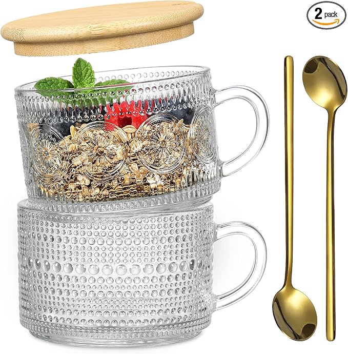 Vintage Coffee Mugs, Overnight Oats Containers with Bamboo Lids and Spoons - 14oz Clear Embossed Glass Cups, Cute Coffee Bar Accessories, Iced Coffee Glasses, Ideal for Cappuccino, Latte, 2 Pack