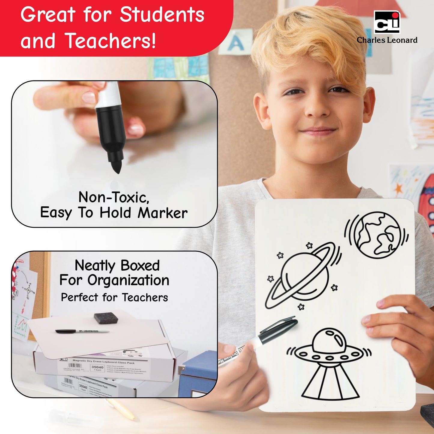 Charles Leonard Dry Erase Board Class Pack - Includes 12 Plain/Lined 2-Sided Boards, 12 Erasers and 12 Black Markers, in a Re-Useable Box (35030)