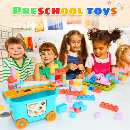 Large Particle Soft Building Block Toys with Storage Box with pull rods for Toddler Aged 18 Months to 6 Years old.Preschool Toys Suitable for Kindergarten, Parent-child Interaction etc(81P)