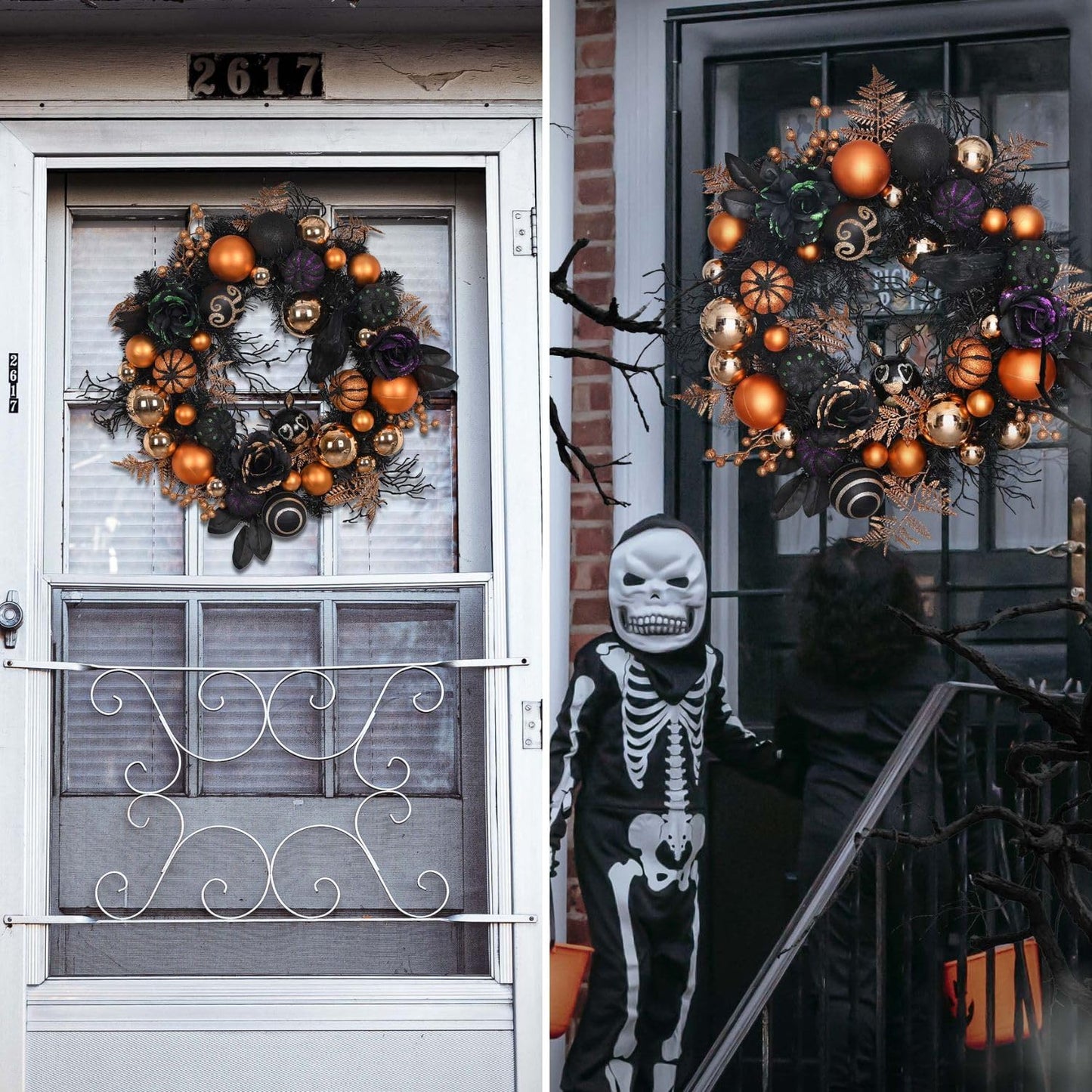 Valery Madelyn 18 Inch Halloween Wreath with Lights for Front Door, Collapsible Pre-Lit Wreath with Fake Crow Pumpkin Halloween Decorations for Home Wall Decor