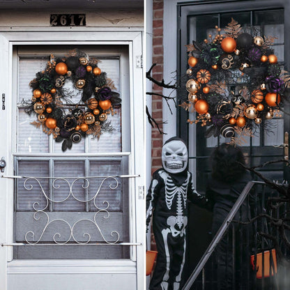 Valery Madelyn 18 Inch Halloween Wreath with Lights for Front Door, Collapsible Pre-Lit Wreath with Fake Crow Pumpkin Halloween Decorations for Home Wall Decor