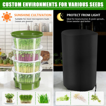 4-Tier Sprouts Growing Kit with Drain Hose & Ventilation Holes, Stackable Microgreens Growing Sprouting Trays Including Blackout Cover, Soil-Free Sprouter for Planting Broccoli Alfalfa Bean Seeds