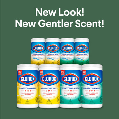 Clorox Disinfecting Cleaning Wipes for Spring Cleaning & Allergy Season, Bleach Free, Fresh Scent and Crisp Lemon, 75 Count Each, Pack of 4