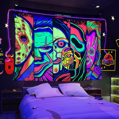 ARTCREATOR Black Light Art Halloween Wall Decor Trippy Blacklight Horror Face Tapestry, UV Reactive Tapestries Glow in The Dark Party Tapestry for Bedroom, Living Room (59" x 78")