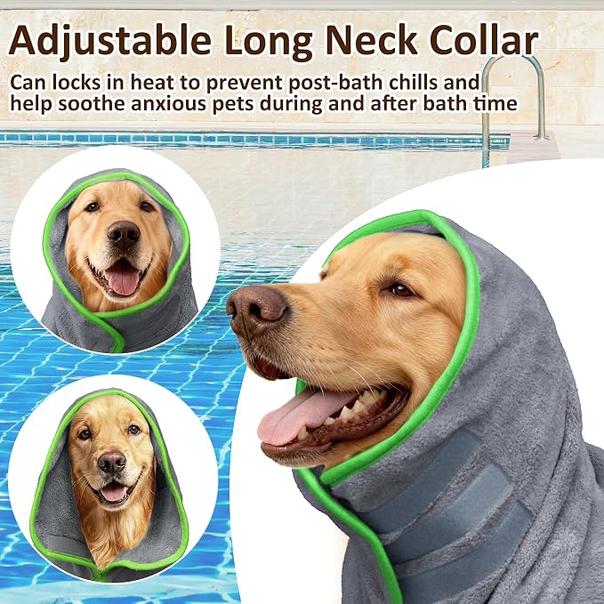 Soft Dog Bathrobe Fast Drying Dog Coat, Super Absorbent Dog Towels for After Bath, Microfiber Pet Robe Adjustable Collar & Belly Warm Keeping Dogs Coat for Pet Dogs & Cats (Grey, 3X-Large)