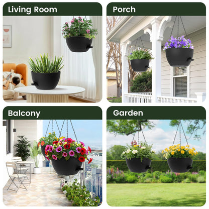 AHJZO 2 Pack 12 Hanging Flower Pots with Chains Self Watering Plastic Planters for Indoor Outdoor Plants, Sturdy Triangular Iron Chain Design for Garden PorchPlastic Hanging Flower pots (2, Black)