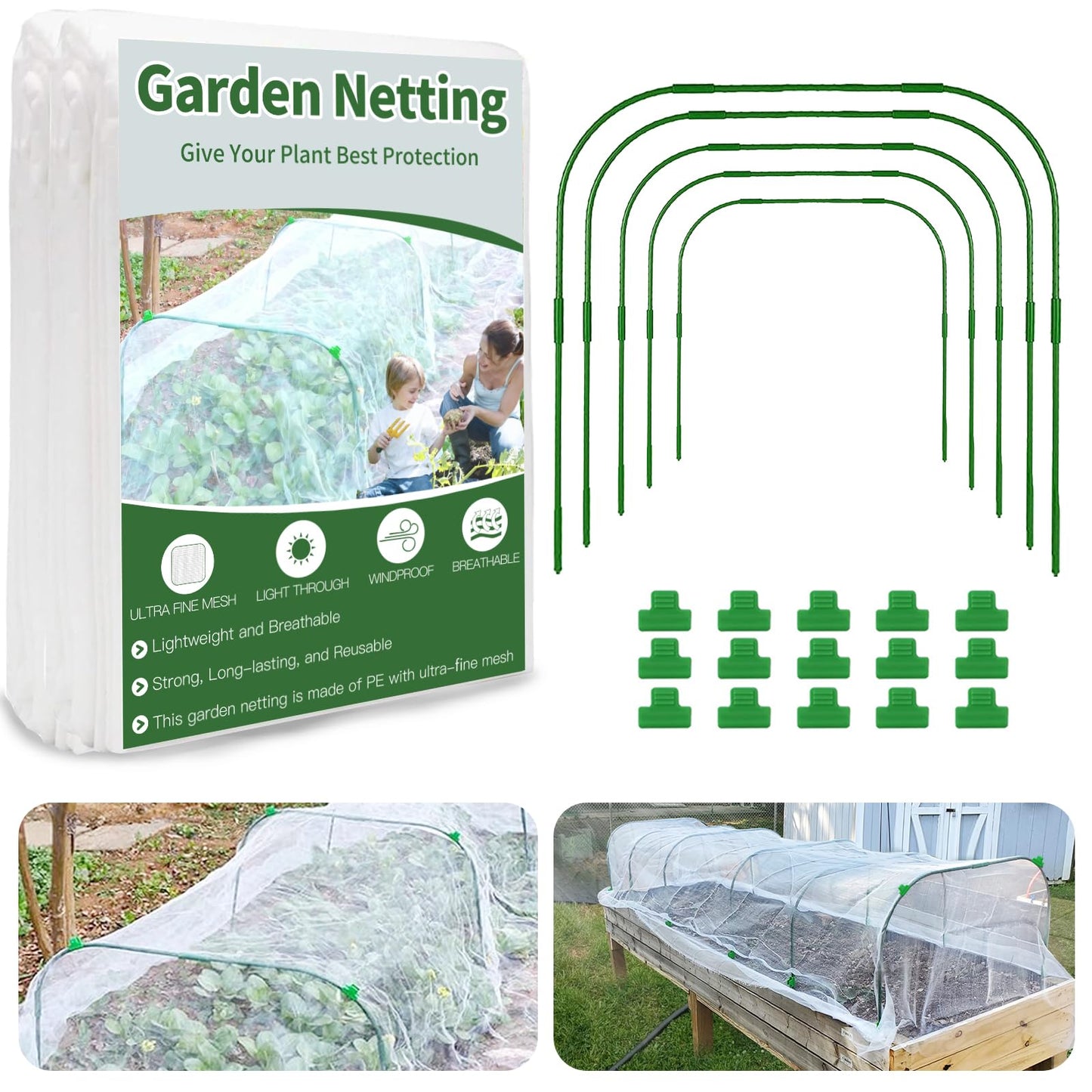Garden Netting Kit for Raised Bed, 8X20FT Ultra Fine Mesh Netting with 5 Sets Garden Hoops & 15pcs Clips, Reusable Bird Netting for Garden Protection