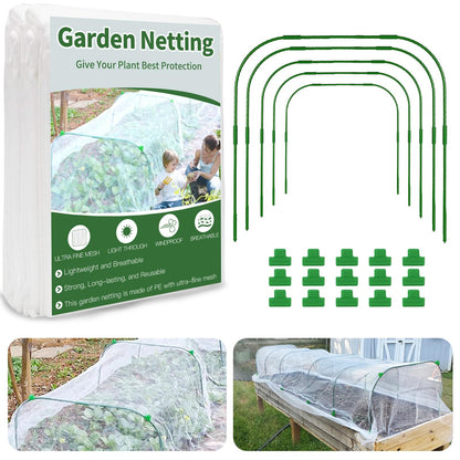 Garden Netting Kit for Raised Bed, 8X20FT Ultra Fine Mesh Netting with 5 Sets Garden Hoops & 15pcs Clips, Reusable Bird Netting for Garden Protection