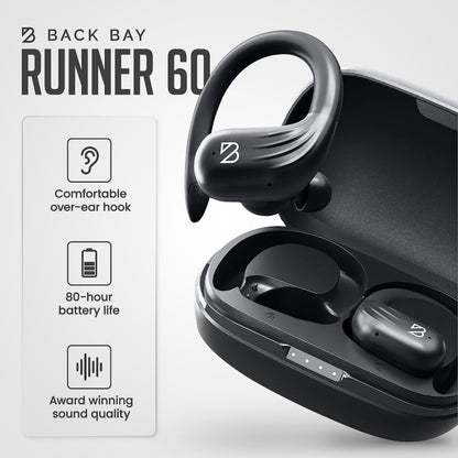 Back Bay Audio Runner 60 Wireless Running Earbuds, 80 Hour Long Battery Life Over The Ear Earbuds with EarHooks, Wrap Around Earphones Wireless Bluetooth Earphones with Microphone, in Ear Headphones