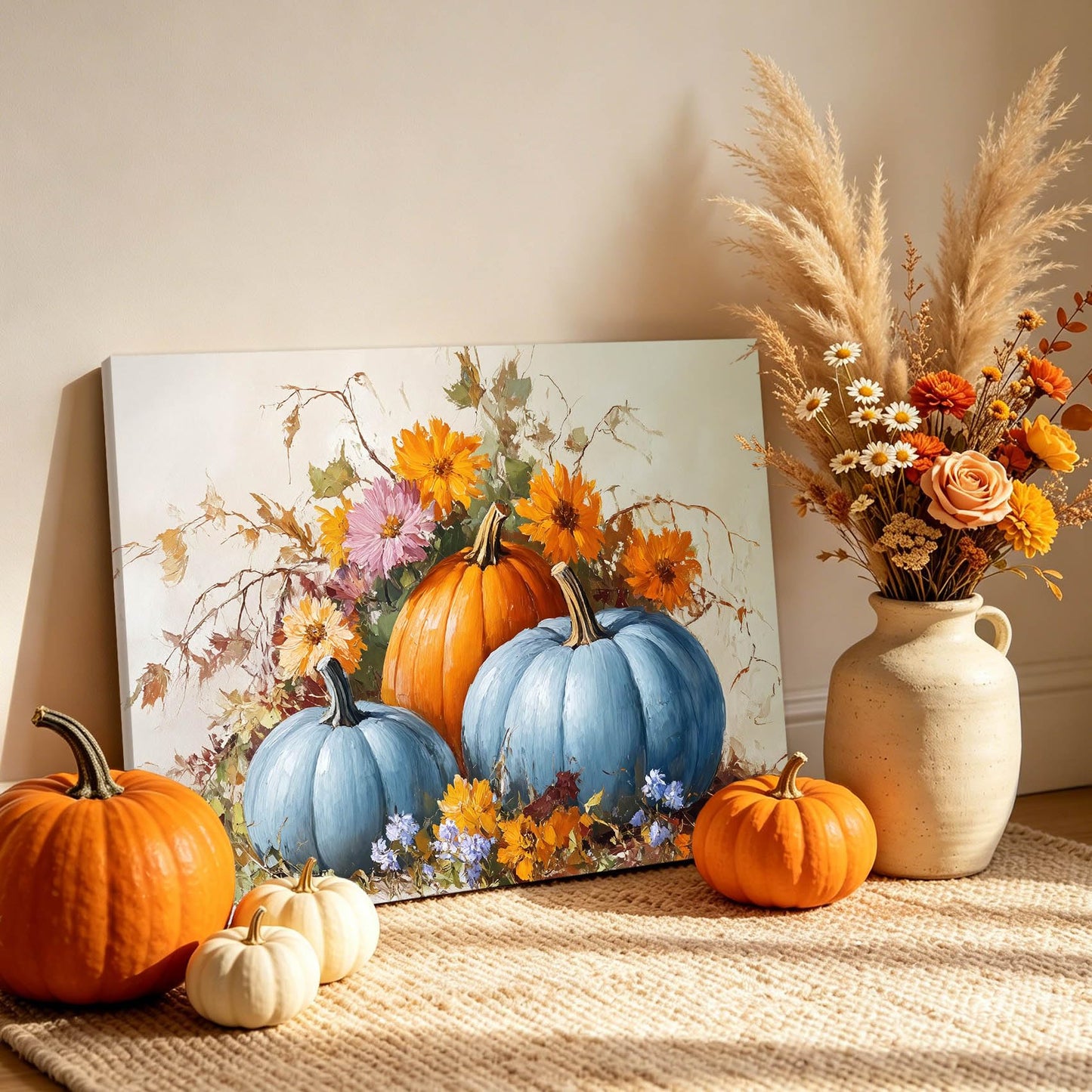 LB Blue and Orange Pumpkin Wall Art for Bathroom Fall Harvest Pumpkin and Plant Orange Floral Canvas Wall Art Thanksgiving Autumn Framed Wall Decor for Living Room Bedroom Ready to Hanging 16x12 Inch
