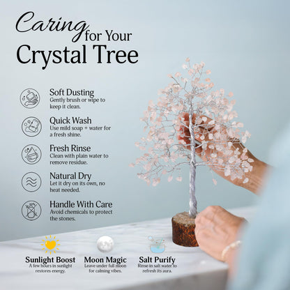 FASHIONZAADI Rose Quartz Crystal Tree, Silver Wire Feng Shui Gemstone Decor, Chakra Healing Stones Crystal Decor, Artificial Bonsai Money Tree, Good Luck Spiritual Gifts for Women & Men