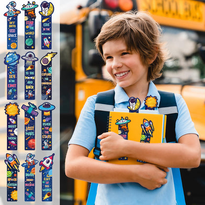 120 Pcs Space Bookmarks Bulk Planet Rocket Space Ship Theme Bookmarks Outer Space Inspirational Quotes Cards Valentines Gifts for Classroom Office Birthday Party Prizes Favors