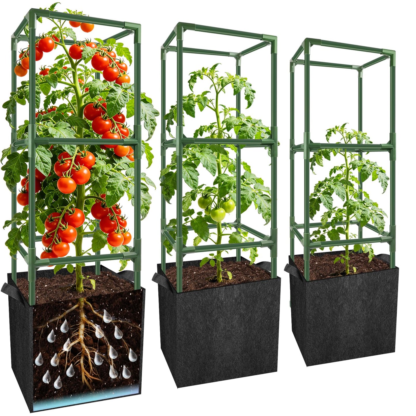 3 Set Square Tomato Cages with 18 Gallon Grow Bags, 49'' Tall Heavy Duty Steel Tomato Trellis Kit for Garden, Plant Support Tower Stakes Cucumber Pepper Trellis for Climbing Vegetable Flowers